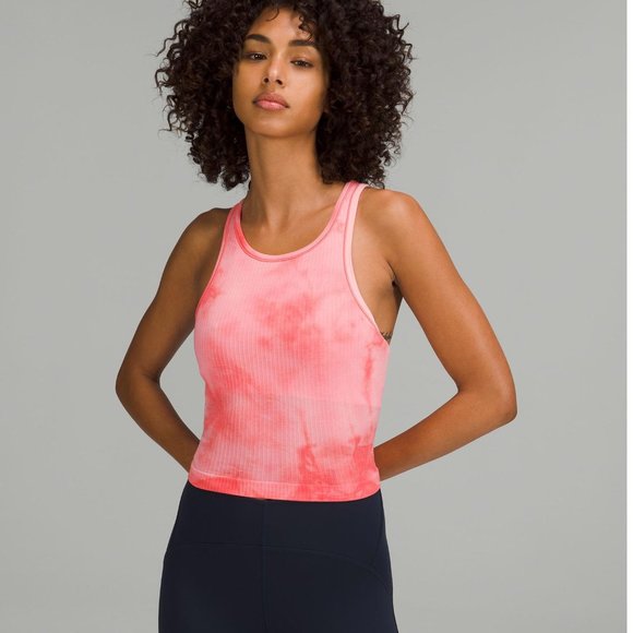 Lululemon Pink Marbled Ebb to Street Cropped Racerback Tank Top Size 10 - Picture 1 of 4